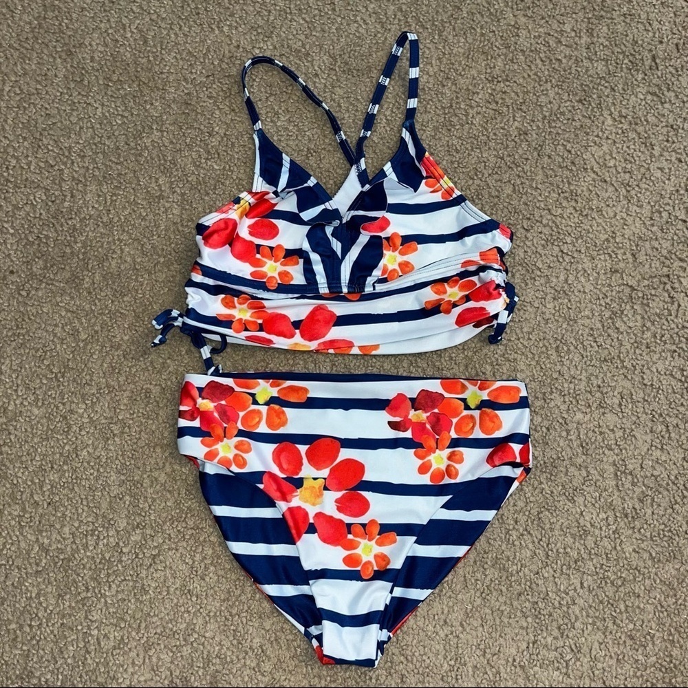 Jantzen navy & white striped 2 piece bikini Swimsuit with red flowers, size 12